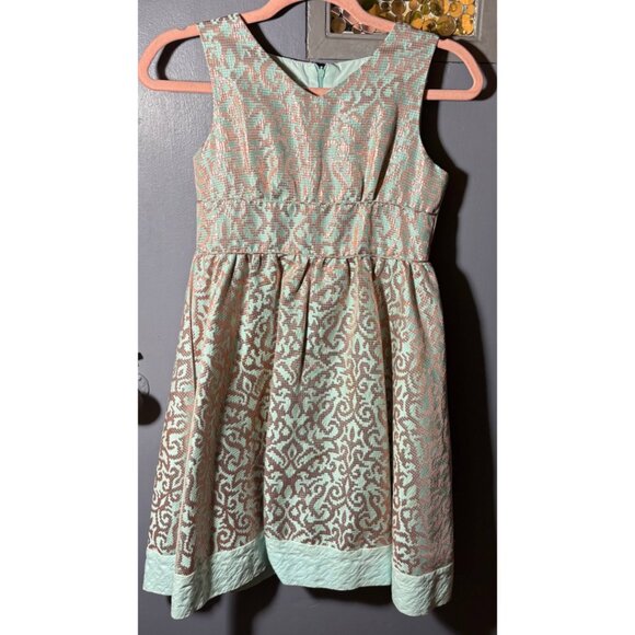 Pippa & Julie Girls Metallic Jacquard Fit & Flare Dress Size 10 Mint Gold - Picture 4 of 6